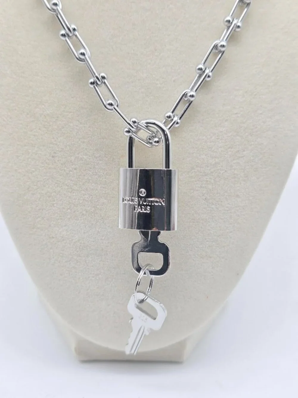 Stainless Steel Horse Shoe Chain with Authentic Louis Vuitton Silver Padlock